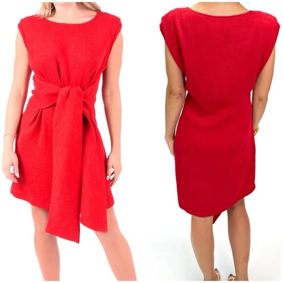 Emily McCarthy Dresses & Skirts - Emily McCarthy Bateau Neckline Waist bow ties Padded Shoulders Red Dress Sz XS